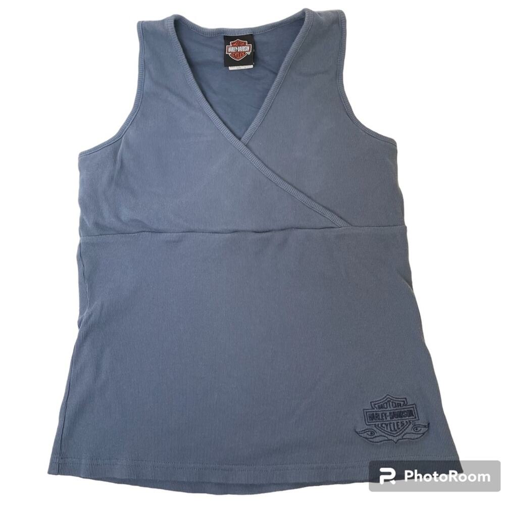Harley Davidson Blue Tank Top Large Y2K Built In Bra Motorcycle Biker Chic